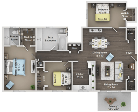 Floor plan for 3 beds, 1.5 baths, 1300 sqft